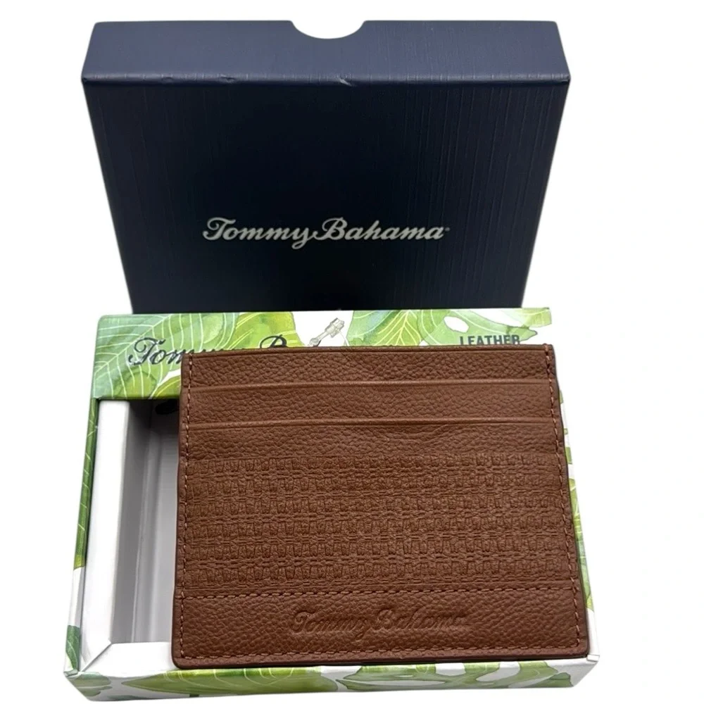 Tommy Bahama Tan Basket Weave Leather Card Case Slim Wallet Men's